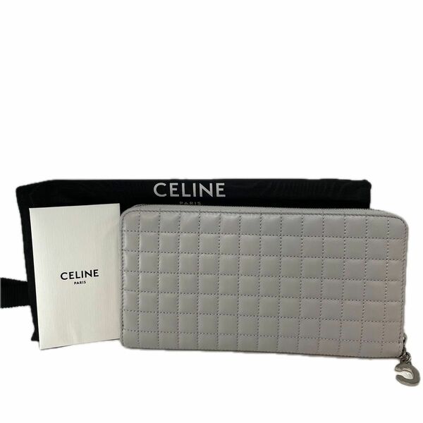 【極美品】セリーヌ CELINE 長財布 レザー ラージ ジップド ウォレット ライトグレー シルバー金具 Cチャーム