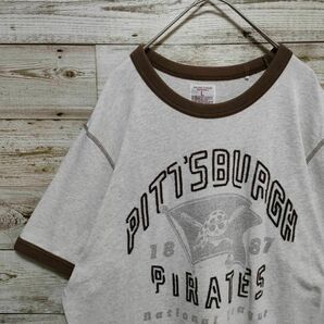MLB PITTSBURGH PIRATES ピッツバーグ・パイレーツ ブラウン リンガーtシャツ ビッグロゴ 刺繍ロゴ＆プリント 半袖tシャツ 人気のＬの画像1