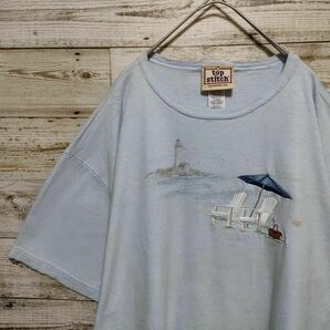 【582】00s USA製 Vintageヴィンテージ ショート丈 半袖Tシャツ 海岸線プリント＆刺繍 ＸＬサイズ