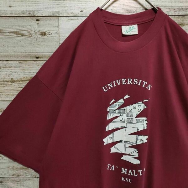 【604】80s USA古着 Universit ta' Malta The University of Malta マルタ大学シングルステッチカレッジロゴプリント半袖Tシャツ古着