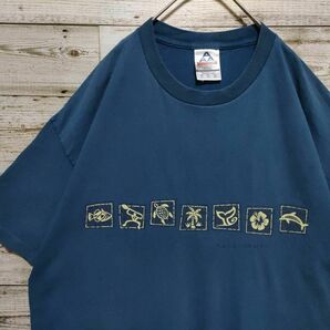 【608】90s USA古着 AAA ハワイアン柄 Kona,Hawaii 半袖Tシャツ くすみブルー ゆるダボ ＸＬ