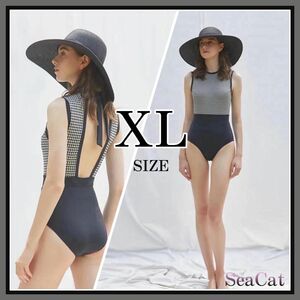 XL 千鳥柄 ワンピース 水着 バックリボン ハイウエスト 足長効果 モノトーン