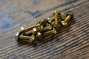 NO.1134 old minus bolt * nut brass circle head W3/16×20mm 4ps.@SET for searching language -A50g antique Vintage old tool brass metallic material restore repair 