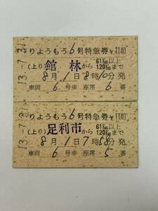 A硬　東武鉄道　常備　りょうもう6号特急券　韮川駅発行発駅違い2種まとめて　H13