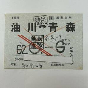 JR東日本 通勤定期券 区間印刷 油川ー青森 S62の画像1