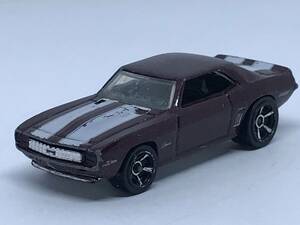 モ7★トミカサイズミニカー ホットウィール '69 シボレー カマロ レーシングストライプ 深赤茶色