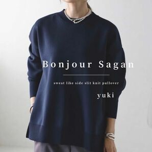 残2【新品/タグ付き】Bonjour Sagan スウェットライクサイドスリットニットプルオーバー nv