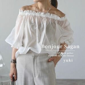 残1【新品】Bonjour Sagan ネックギャザーシアーオフショルブラウス ow