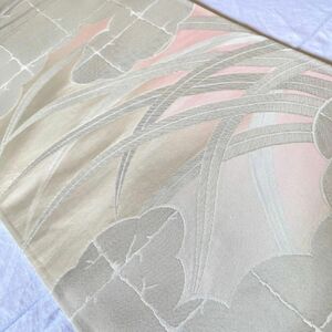 【未使用品・難あり】正絹　プラチナ箔雲すすき模様織りだし六通袋帯　和装　帯