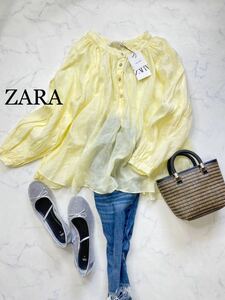 ZARA ザラ★タグ付き未使用★大人素敵★ゆったり ラミー100% ブラウス チュニック トップス プルオーバー ★イエロー Lサイズ yz426