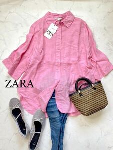 ZARA ザラ★タグ付き未使用★大人可愛い★ゆったり リネン100% シャツ ブラウス トップス ★ピンクSサイズ yz0429