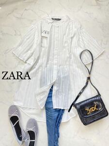 ZARA ザラ★タグ付き未使用★大人キレイ目★プリーツデザイン 半袖 シャツ ブラウス トップス シンプル★ホワイト /白 Mサイズ yz0434