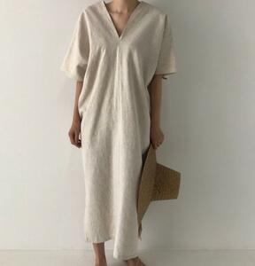 [ including in a package 1 ten thousand jpy free shipping ] summer * One-piece *linen*V neck * long One-piece * Maxi-length dress * summer One-piece * cotton flax * beige 
