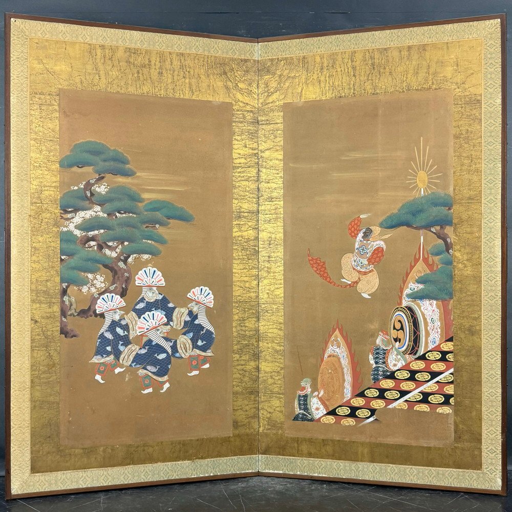 [Toya] 22 Gagaku illustration two-fold folding screen Height approx. 165.5cm Handwritten on paper Unsigned Flame drum Bugaku illustration Gagaku Figure figure The Tale of Genji Japanese painting, painting, Japanese painting, person, Bodhisattva