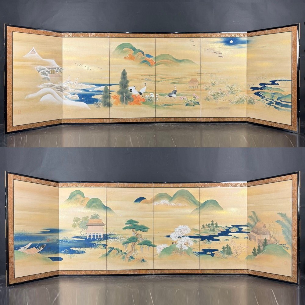 [Toya] 21 Signed Gold Sand, Flowers and Birds of the Four Seasons, Medium Folding Screen, Height: Approximately 123.5cm, Six Pieces, Handwritten on Paper, Landscape, Far Mountain, Japanese Painting, painting, Japanese painting, flowers and birds, birds and beasts