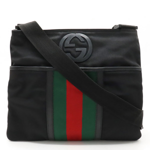 GUCCI グッチ シェリー ウェビングライン ショルダーバッグ 斜め掛け マチなし ナイロンキャンバス レザー ブラック