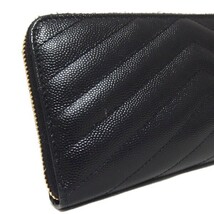 良品★SAINT LAURENT PARIS YSL金具 Vステッチ レザー ラウンドファスナー 長財布 358094 黒 ゴールド サンローラン・パリ★_画像8