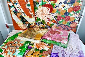 * recycle kimono kimono summarize together exhibition long-sleeved kimono set sale 10 point Kyouyuuzen embroidery aperture stop . formal remake secondhand goods present condition goods peace thing ..A0417