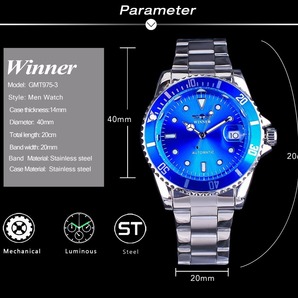 Winner社メンズ自動巻き腕時計ブルー ステンレス オートマチック 日付(ロレックス サブマリーナ デイトではありません）の画像10