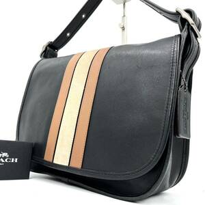 1円《 美品・限定品 》COACH コーチ メンズ ショルダーバッグ パトリシア フラップ 75周年 グラブタンレザー 本革 斜め掛け ブラック 黒