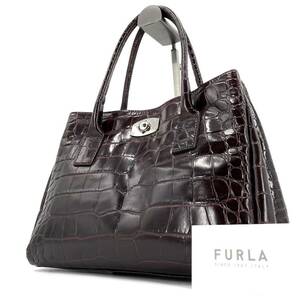 1円《 入手困難品 》FURLA フルラ ビジネス トートバッグ クロコ型押し メンズ レザー 自立 ターンロック PC収納◎ 金具 ボルドー