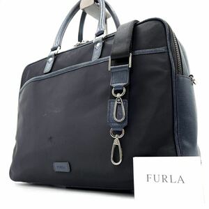 1円《 定価8万円・美品 》FURLA フルラ ビジネスバッグ ブリーフケース 2way メンズ レザー ナイロン 黒×紺 ショルダー 2層式 A4◎ PC◎