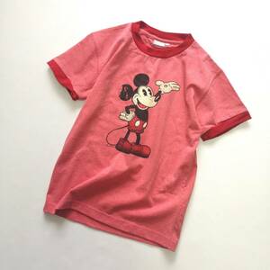 ディズニー　ミッキーマウス　クルーネック　半袖　Tシャツ　トップス　赤系　ヴィンテージ風　M　レディース　春夏