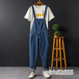 メンズオーバーオール つなぎ　サスペンダーズボン ペインター作業服 S~3XL ブル サロペット ストライプ