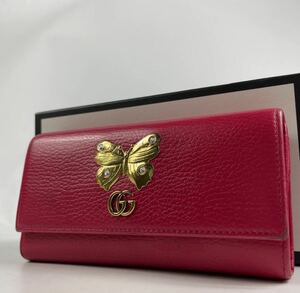 1円〜【入手困難品】 GUCCI グッチ 長財布 マーモント ピンク バタフライ レディース フラップ式 マグネット開閉 ゴールド金具