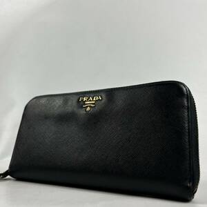 1円〜【入手困難品】 PRADA プラダ 長財布 ラウンドファスナー ブラック 黒 サフィアーノレザー メンレディース ロゴ ジップ