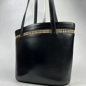 1円〜【入手困難品】 Burberry バーバリー トートバッグ バケツ型 ブラック 黒 ノバチェック ハンドバッグ 肩掛け レザー キャンバス