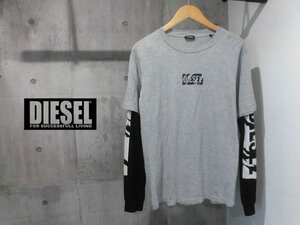 DIESEL ディーゼル/クラッシュ ロゴプリント フェイクレイヤード 長袖 TシャツS/ロンT/ロングTシャツ/グレー×ブラック/メンズ/カットソー