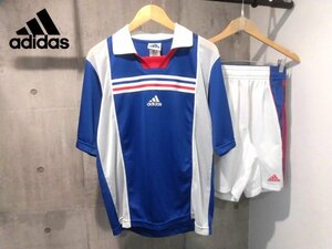 adidas アディダス メッシュ切替 ゲームシャツxショートパンツ セットアップ L/ウォームアップ 上下セット/白 青/サッカー 90s 00s 90年代