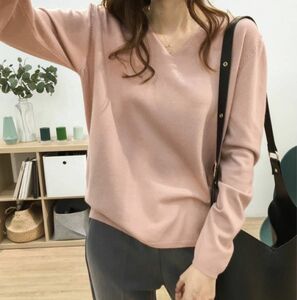 【ピンク】Vネック　シンプルニット　セーター　プルオーバー　シンプル　カラー