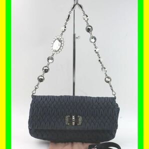 1円スタート 売り切り miu miu/ミュウミュウ ミュウクリスタル デニム ギャザー ビジュー 3WAY ショルダーバッグ/セカンドバッグ RP0415 の画像1