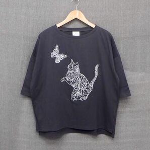 ScoLar：スカラー　猫蝶刺繍 7分袖Tシャツ