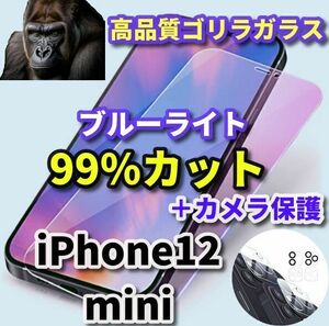 《目の疲れを軽減》【iPhone12mini】目に優しい　最高品質ゴリラガラス ブルーライト99％カットフィルム ＋カメラ保護セット