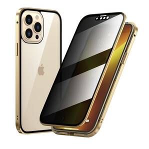 iPhone 15Pro ゴールド 覗き見防止 両面強化ガラス アルミ合金 磁気吸着 耐衝撃 iPhone7 8 SE2 3 11 12 13 14 15 Pro max mini Plus ケースの画像1