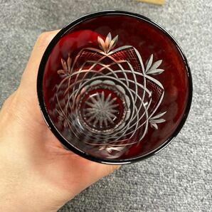 04356 未使用 手造り 江戸切子 色被切子 ビールグラス 一つ ガラス 赤 の画像6