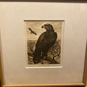 【1円スタート】長島充 真作 「GOLDEN EAGLE」額装 絵画 エッチング 銅版画 リトグラフ 直筆サイン エディションEA64/100 日本版画協会会員