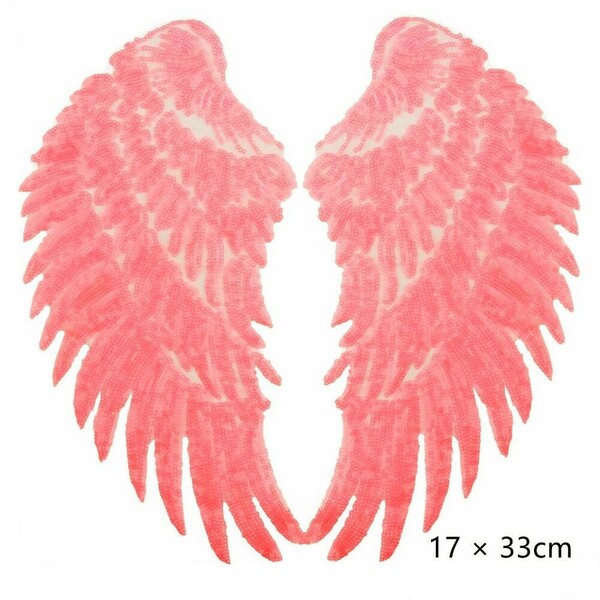 2枚　大きいサイズ　ワッペン　羽 翼　スパンコール　キラキラ　縁あり　ピンク