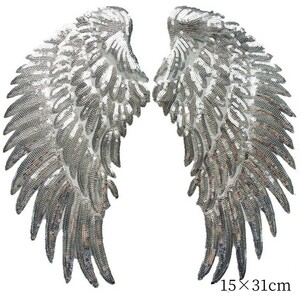 2枚セット　刺繍　ワッペンアイロン　シルバー　キラキラ翼　スパンコール　銀の羽　縁ない