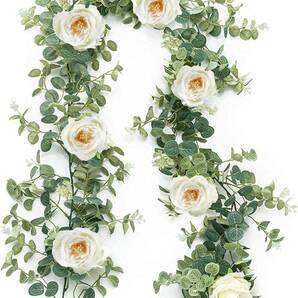 1.85m 造花 ガーランド フェイクグリーン バラ ユーカリ 薔薇 ローズ 人工観葉植物の画像1