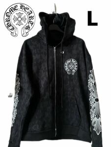 新品 CHROME HEARTS クロムハーツ 総クロスプリント フローラルクロス フーディ パーカー メンズ size:L 黒 