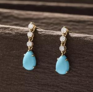 K18YG yellow gold turquoise turquoise light blue diamond earrings chain earrings stud earrings 18K diamond Drop type kaboshon