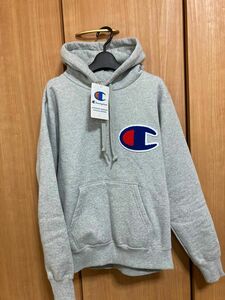 Champion プルオーバーパーカー スウェットパーカー チャンピオン M 新品 グレー ビッグロゴ デカロゴ