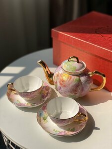 LINBERG ceramic セラミック　新品　ティーポット　ティーカップ　ソーサー　2客セット　洋食器　お祝い　プレゼント　ピンク