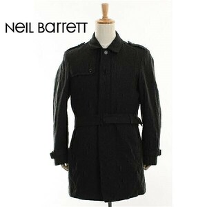 A4624/極美品 秋冬 Neil Barrett ニールバレット ウール メルトン ライナー付 中綿 ミリタリー ワーク 膝丈 ステンカラーコート 3黒/メンズ