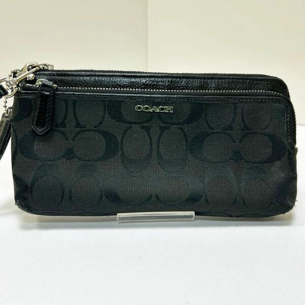 ◆COACH コーチ　リストレット◆　ポーチ　Wジップ　キャンバス×レザー　ストラップ＆ロゴタグ付き　ブラック 【USED】0426