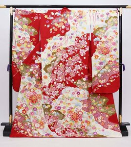 cherry*y4160fc* popular long-sleeved kimono new arrival * long-sleeved kimono collection!* long-sleeved kimono single goods * red series * coming-of-age ceremony graduation ceremony wedding * front ..[ secondhand goods / silk 